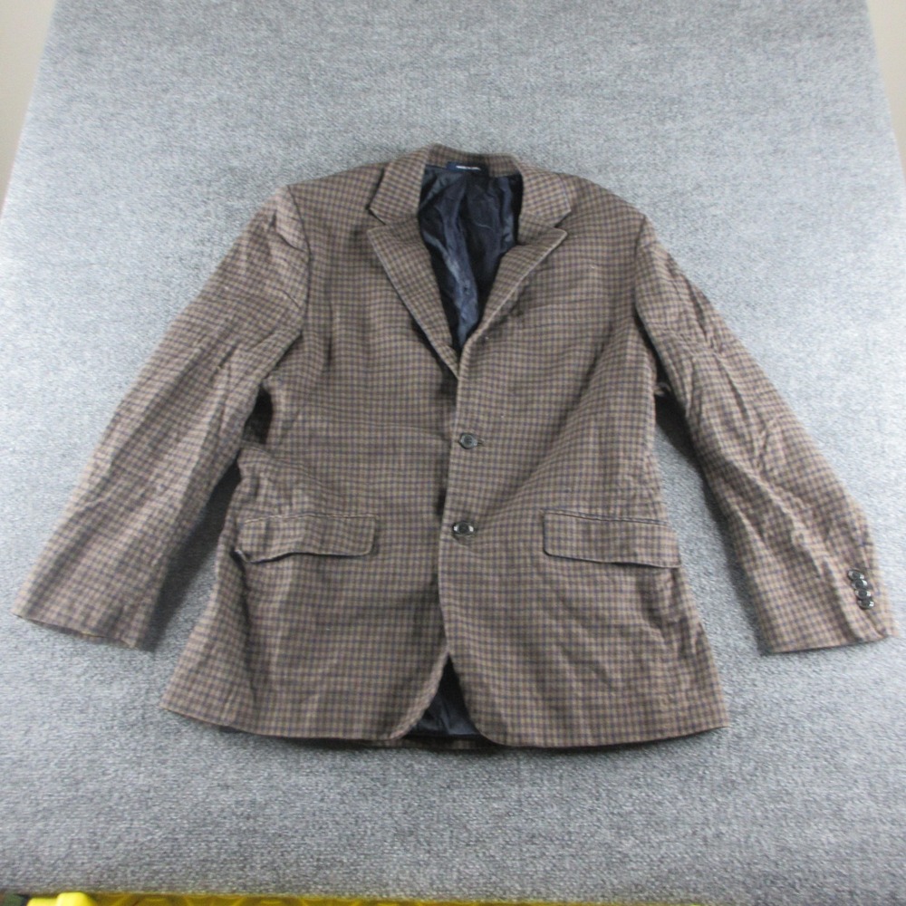 Paul Fredrick Blazer Mens 44 Brown Navy Check Cotton Stretch Classic Sport Coat